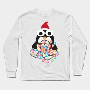 Cute Cartoon Penguin with Santa Hat and Colorful Light Bunting Long Sleeve T-Shirt